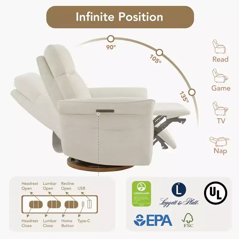 Fauteuil inclinable pivotant motorisé à triple moteur avec fonction planeur pour chambre de bébé