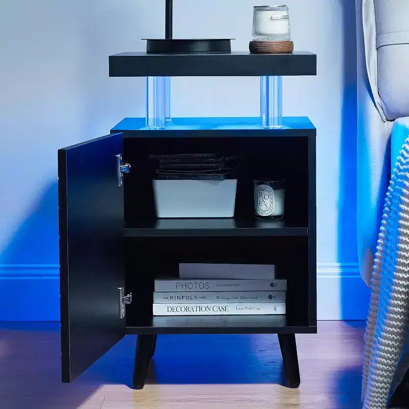 Table de chevet moderne avec lumières LED, table de chevet avec tiroirs, 4 colonnes en acrylique, table d'appoint autoportante pour chambre à coucher et salon, noir