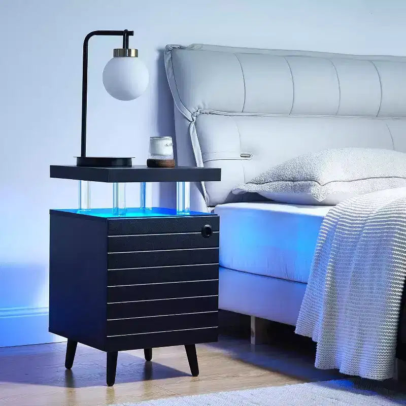 Table de chevet moderne avec lumières LED, table de chevet avec tiroirs, 4 colonnes en acrylique, table d'appoint autoportante pour chambre à coucher et salon, noir