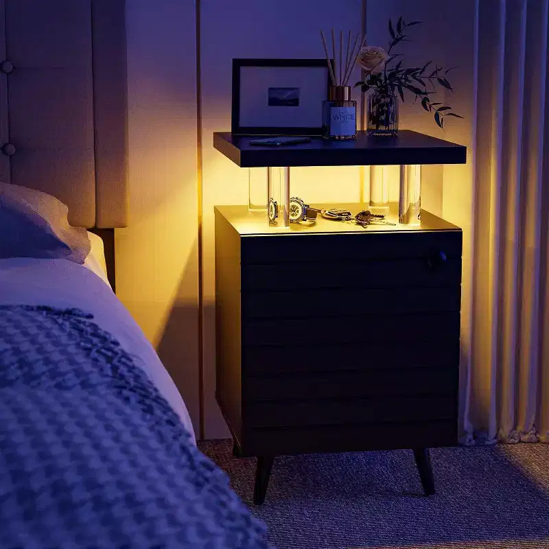 Table de chevet moderne avec lumières LED, table de chevet avec tiroirs, 4 colonnes en acrylique, table d'appoint autoportante pour chambre à coucher et salon, noir