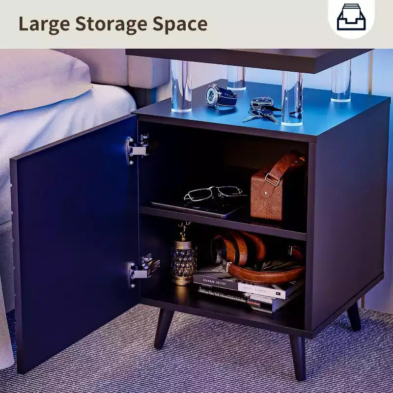 Table de chevet moderne avec lumières LED, table de chevet avec tiroirs, 4 colonnes en acrylique, table d'appoint autoportante pour chambre à coucher et salon, noir