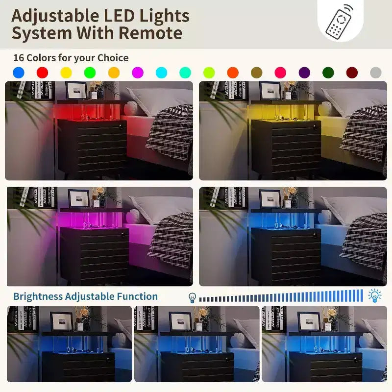 Table de chevet moderne avec lumières LED, table de chevet avec tiroirs, 4 colonnes en acrylique, table d'appoint autoportante pour chambre à coucher et salon, noir