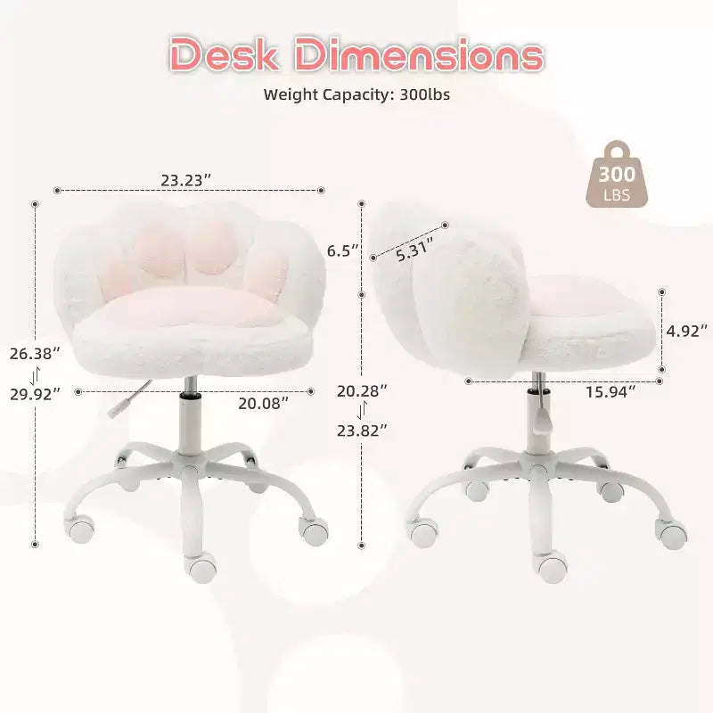 Chaise de bureau Kitty Vanity pivotante à 360°, en tissu peluche Teddy, réglable en hauteur, pour bureau, Noir/Blanc
