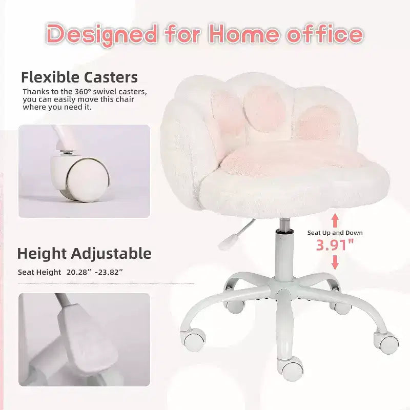 Chaise de bureau Kitty Vanity pivotante à 360°, en tissu peluche Teddy, réglable en hauteur, pour bureau, Noir/Blanc