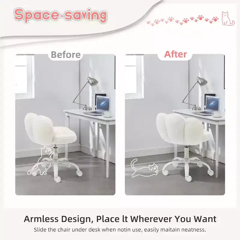 Chaise de bureau Kitty Vanity pivotante à 360°, en tissu peluche Teddy, réglable en hauteur, pour bureau, Noir/Blanc