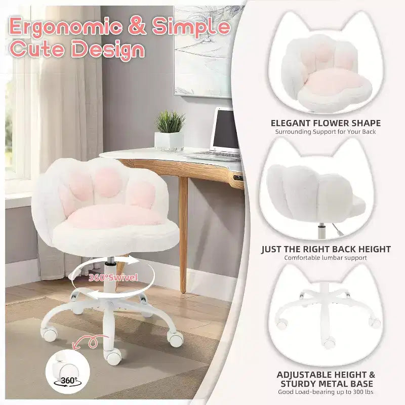 Chaise de bureau Kitty Vanity pivotante à 360°, en tissu peluche Teddy, réglable en hauteur, pour bureau, Noir/Blanc