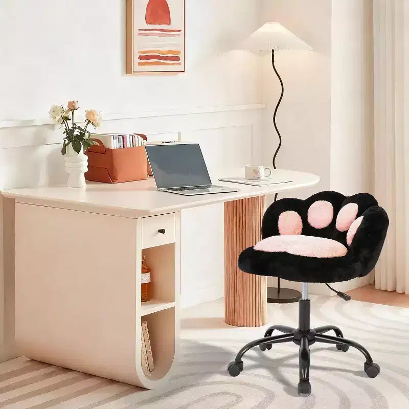 Chaise de bureau Kitty Vanity pivotante à 360°, en tissu peluche Teddy, réglable en hauteur, pour bureau, Noir/Blanc