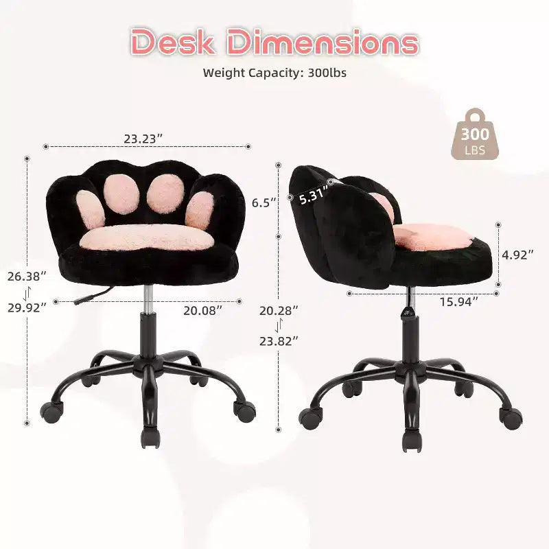 Chaise de bureau Kitty Vanity pivotante à 360°, en tissu peluche Teddy, réglable en hauteur, pour bureau, Noir/Blanc