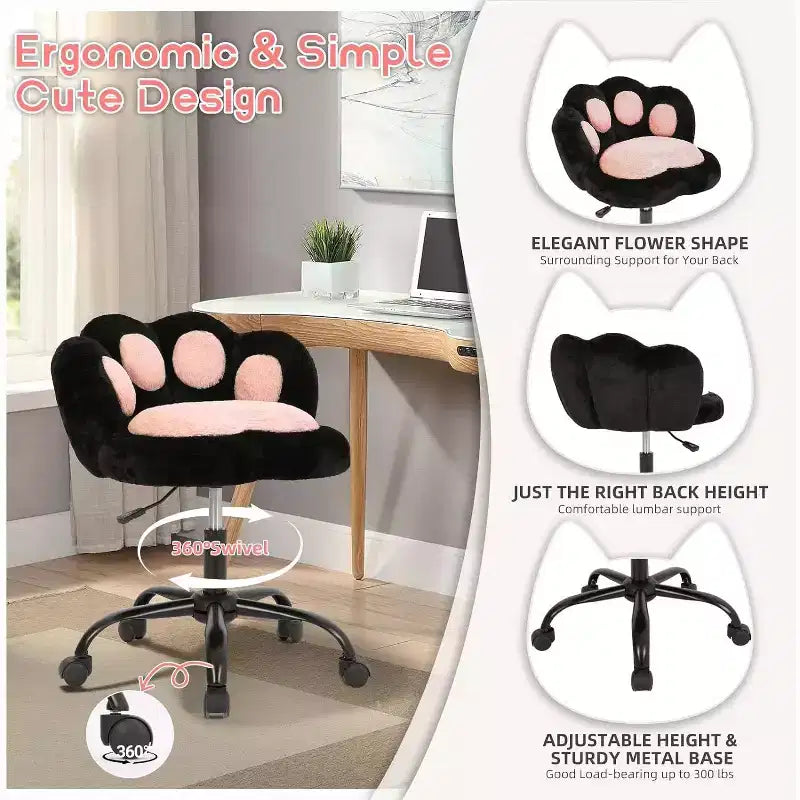 Chaise de bureau Kitty Vanity pivotante à 360°, en tissu peluche Teddy, réglable en hauteur, pour bureau, Noir/Blanc