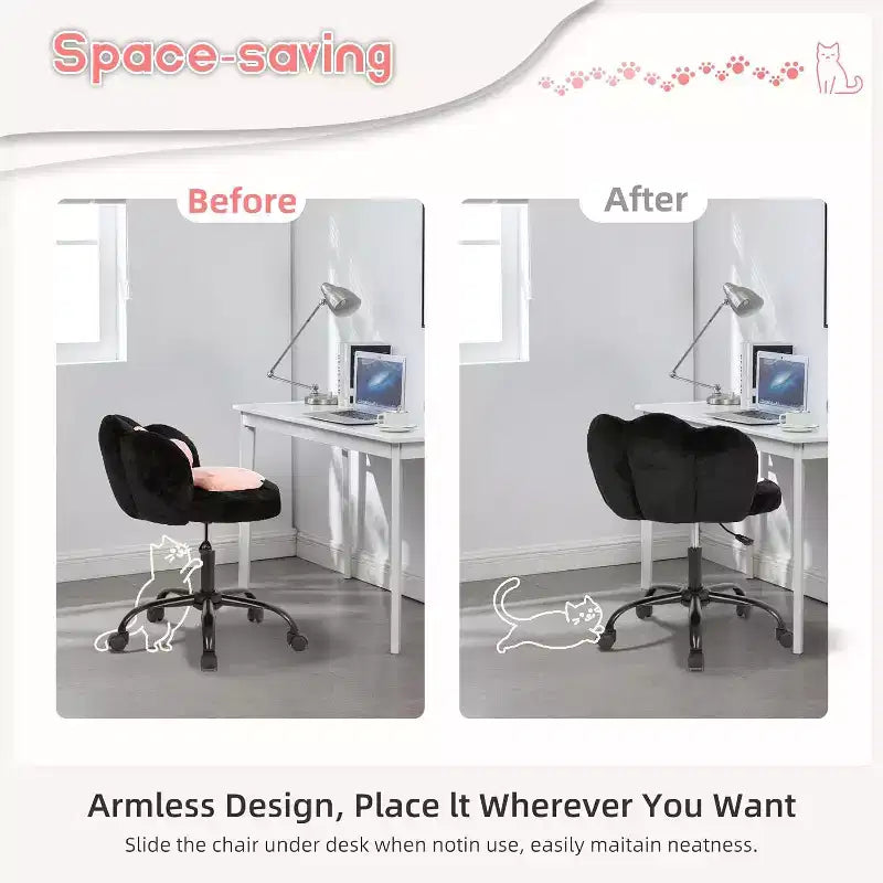 Chaise de bureau Kitty Vanity pivotante à 360°, en tissu peluche Teddy, réglable en hauteur, pour bureau, Noir/Blanc