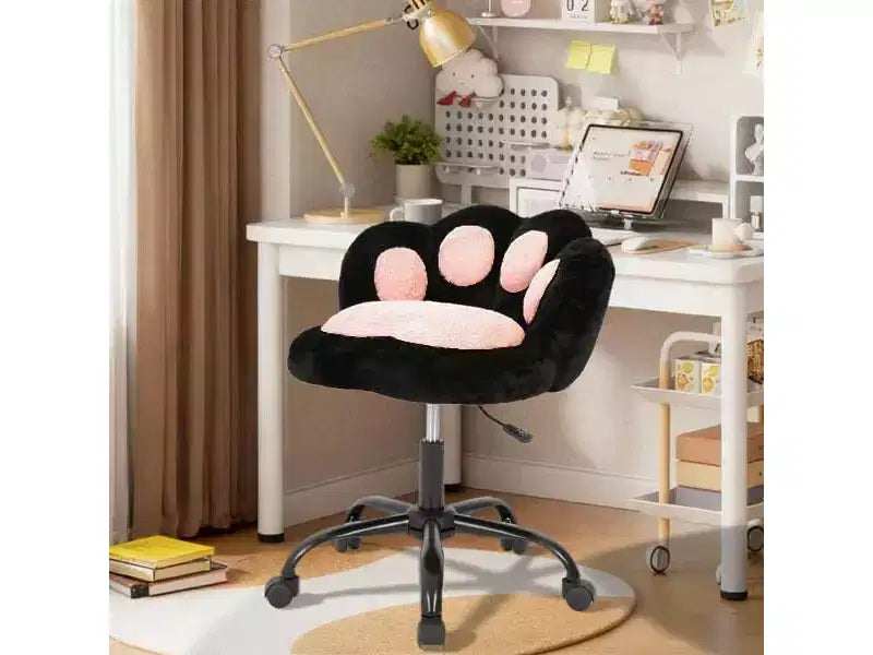 Chaise de bureau Kitty Vanity pivotante à 360°, en tissu peluche Teddy, réglable en hauteur, pour bureau, Noir/Blanc