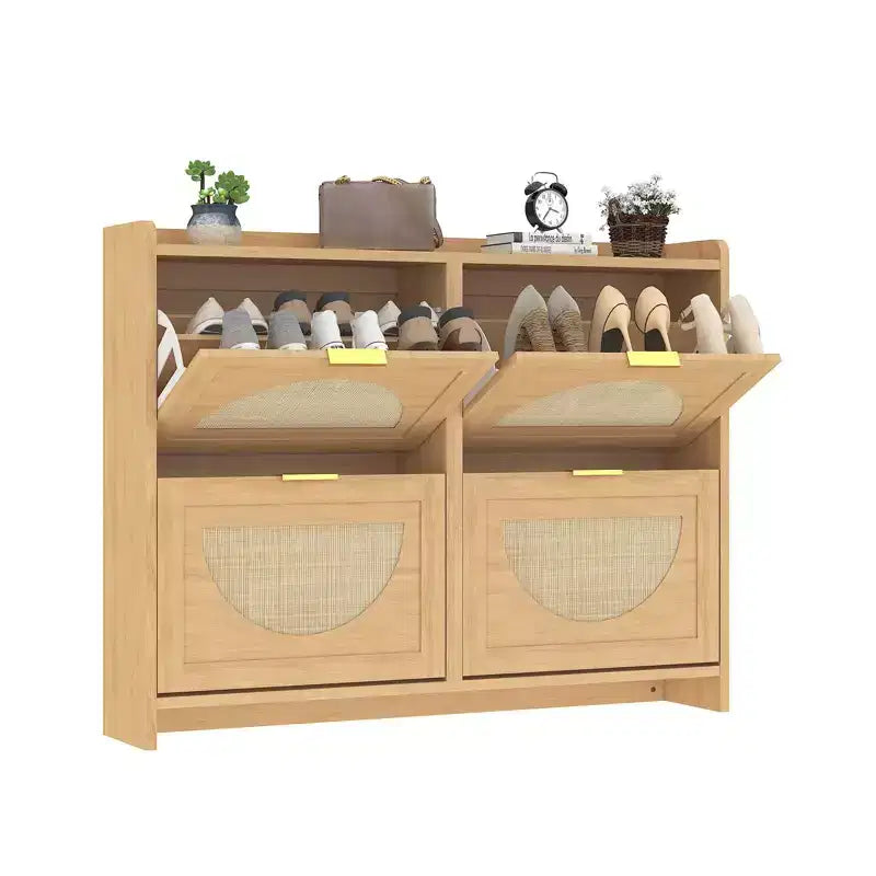 Meuble à chaussures en rotin avec 4 tiroirs basculants, Organiseur de rangement de chaussures dissimulé, Meuble à chaussures étroit autoportant pour couloir et salon