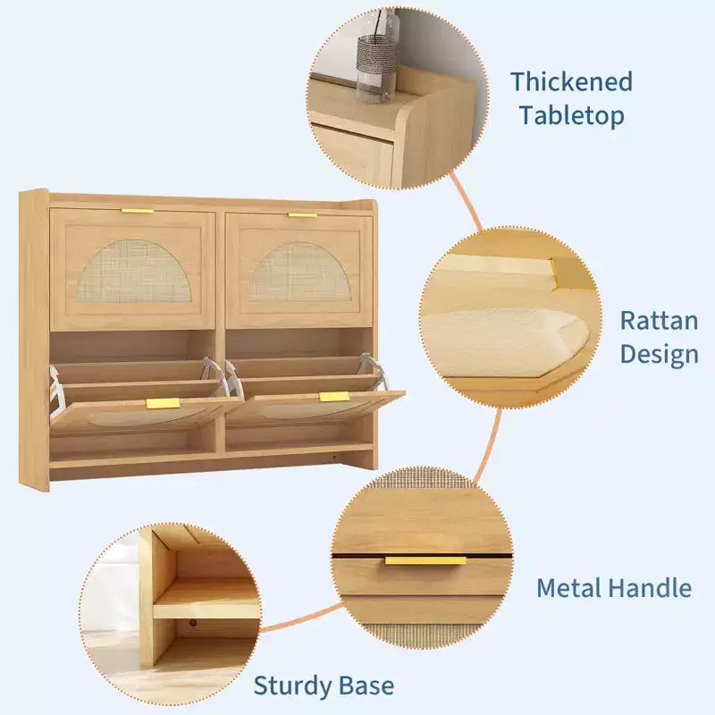 Meuble à chaussures en rotin avec 4 tiroirs basculants, Organiseur de rangement de chaussures dissimulé, Meuble à chaussures étroit autoportant pour couloir et salon