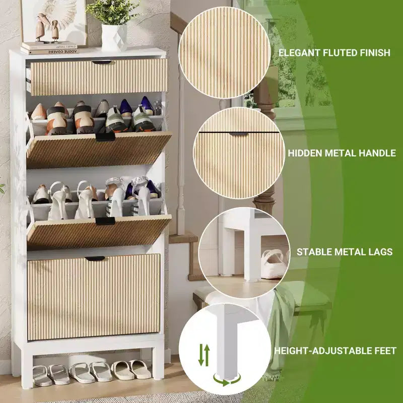 Meuble à chaussures cannelé avec 3 tiroirs à bascule et 1 tiroir, organisateur de chaussures indépendant en bois avec étagères réglables