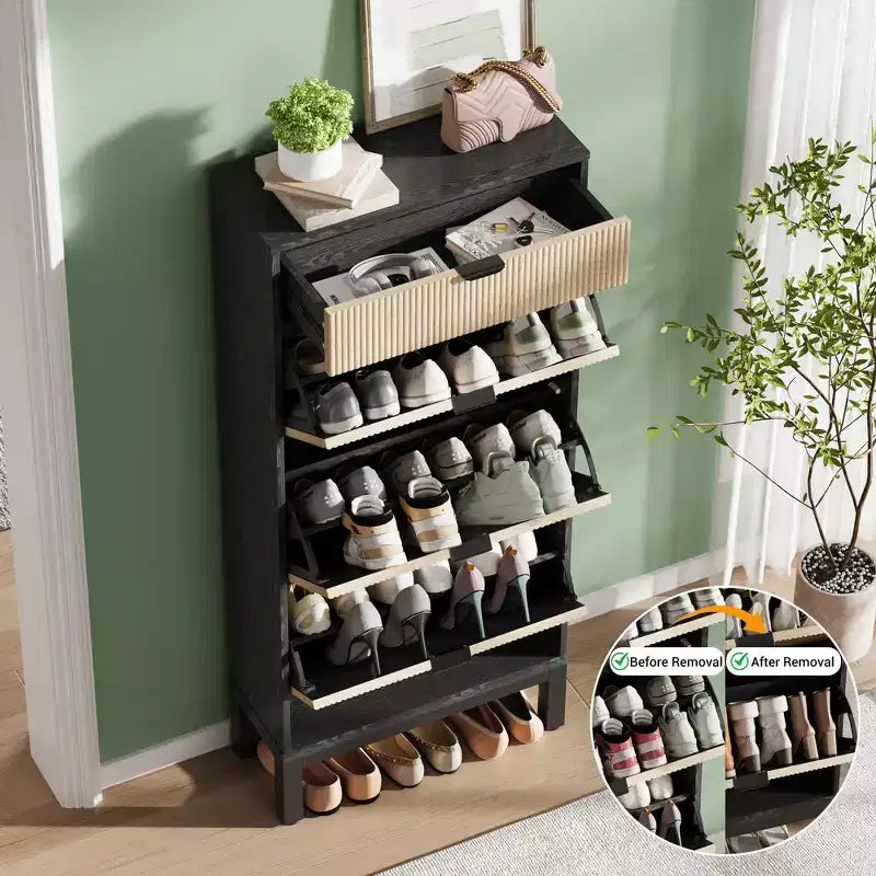 Meuble à chaussures cannelé avec 3 tiroirs à bascule et 1 tiroir, organisateur de chaussures indépendant en bois avec étagères réglables