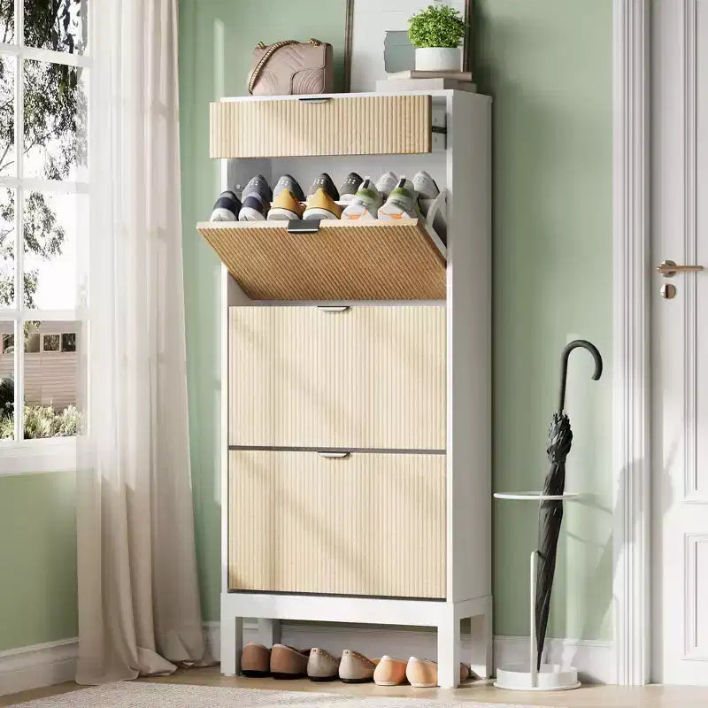 Meuble à chaussures cannelé avec 3 tiroirs à bascule et 1 tiroir, organisateur de chaussures indépendant en bois avec étagères réglables