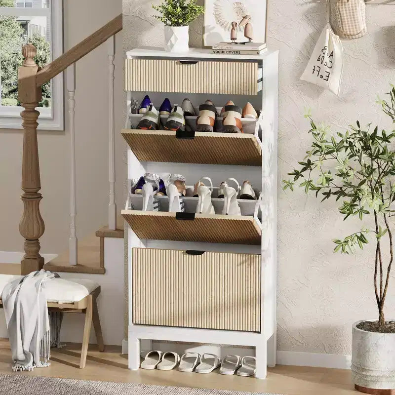 Meuble à chaussures cannelé avec 3 tiroirs à bascule et 1 tiroir, organisateur de chaussures indépendant en bois avec étagères réglables