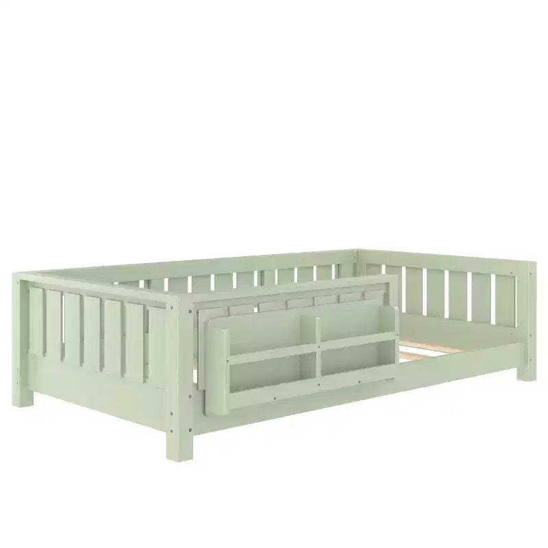 Bellemave Lit de Sol Jumeau avec Étagère Intégrée et Barrière de Sécurité, Cadre de Lit au Sol en Bois de Pin pour Enfants, Aucun Sommier Tapissier Nécessaire, Vert Avocat