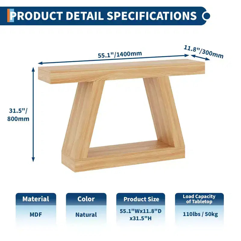 Table de canapé en bois à 2 niveaux avec étagères de rangement ouvertes pour couloir, porche, passage