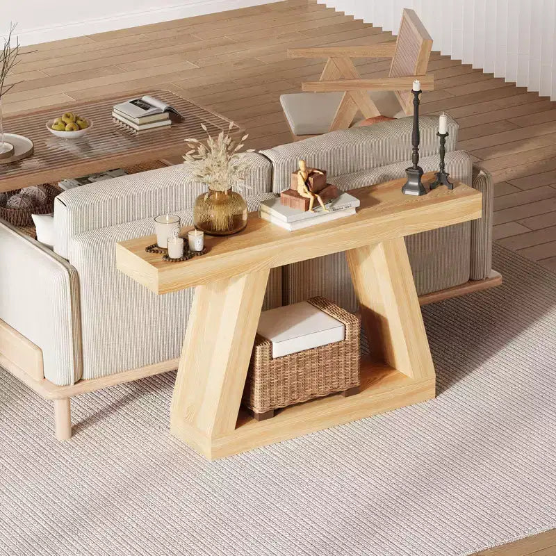 Table de canapé en bois à 2 niveaux avec étagères de rangement ouvertes pour couloir, porche, passage