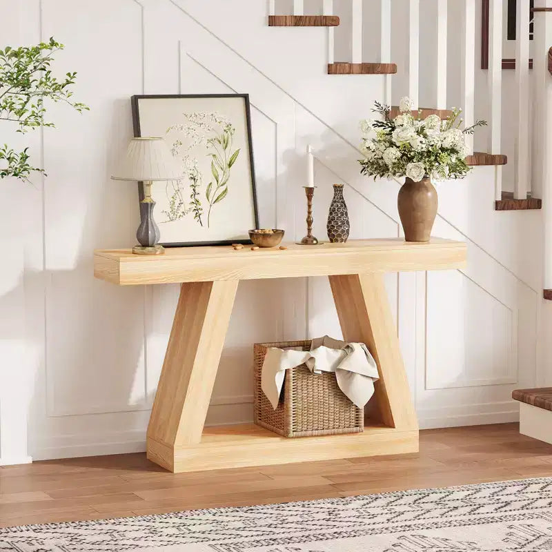 Table de canapé en bois à 2 niveaux avec étagères de rangement ouvertes pour couloir, porche, passage