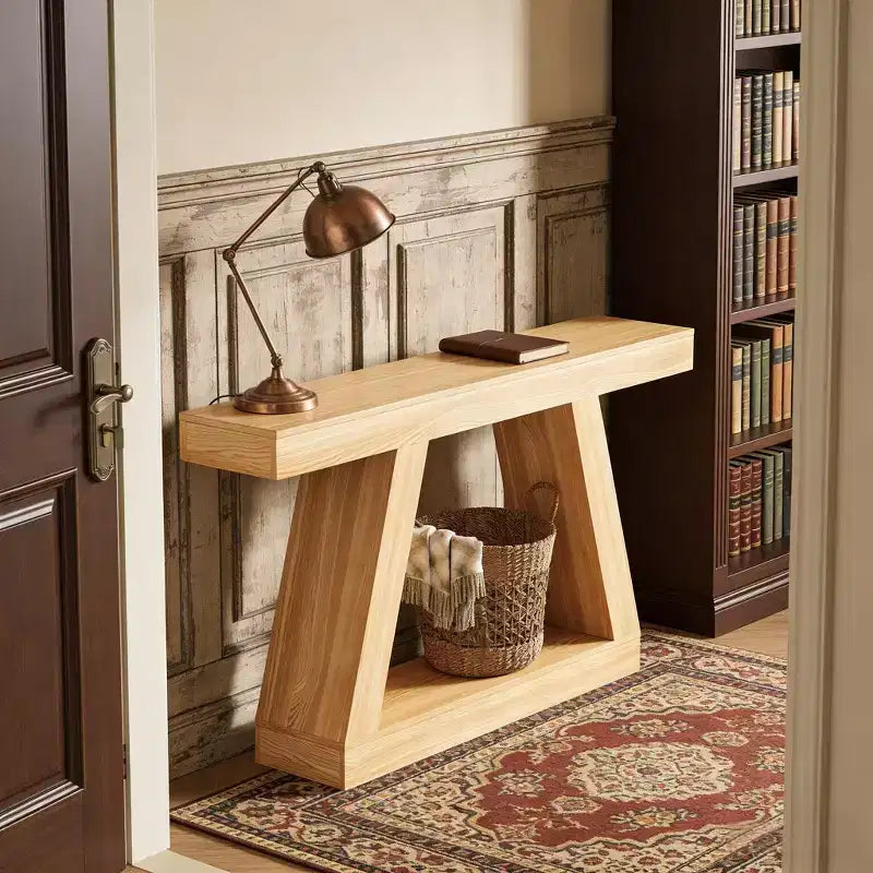 Table de canapé en bois à 2 niveaux avec étagères de rangement ouvertes pour couloir, porche, passage
