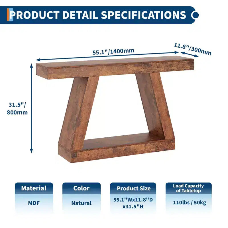 Table de canapé en bois à 2 niveaux avec étagères de rangement ouvertes pour couloir, porche, passage