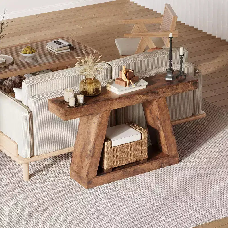 Table de canapé en bois à 2 niveaux avec étagères de rangement ouvertes pour couloir, porche, passage