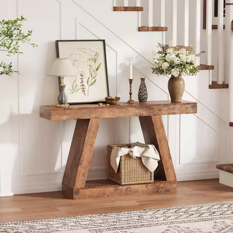 Table de canapé en bois à 2 niveaux avec étagères de rangement ouvertes pour couloir, porche, passage