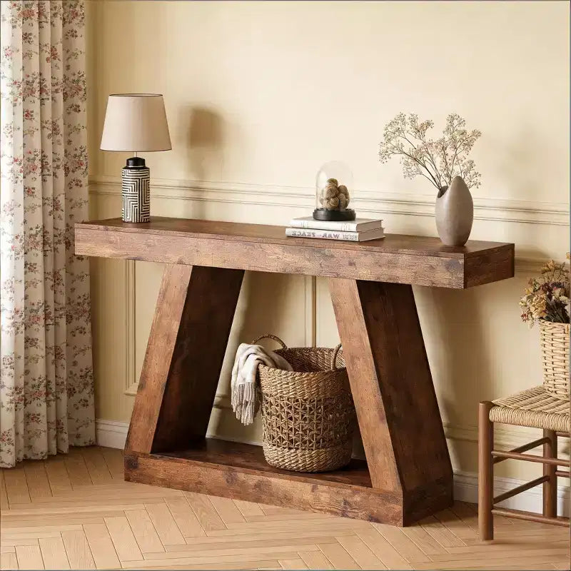 Table de canapé en bois à 2 niveaux avec étagères de rangement ouvertes pour couloir, porche, passage
