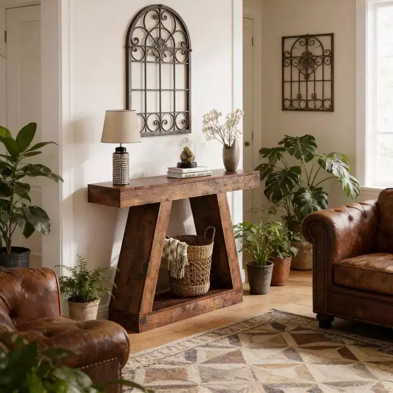 Table de canapé en bois à 2 niveaux avec étagères de rangement ouvertes pour couloir, porche, passage