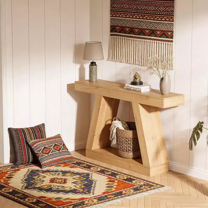 Table de canapé en bois à 2 niveaux avec étagères de rangement ouvertes pour couloir, porche, passage