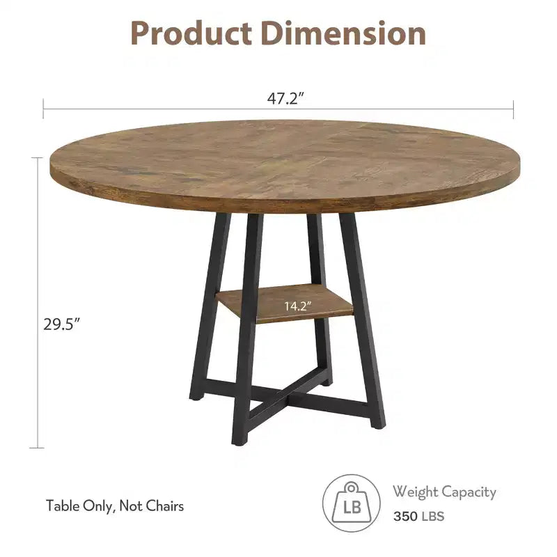 Table à manger ronde de 47" pour 4 à 6 personnes - Piètement central en métal avec rangement - Table de cuisine et de salle à manger industrielle peu encombrante