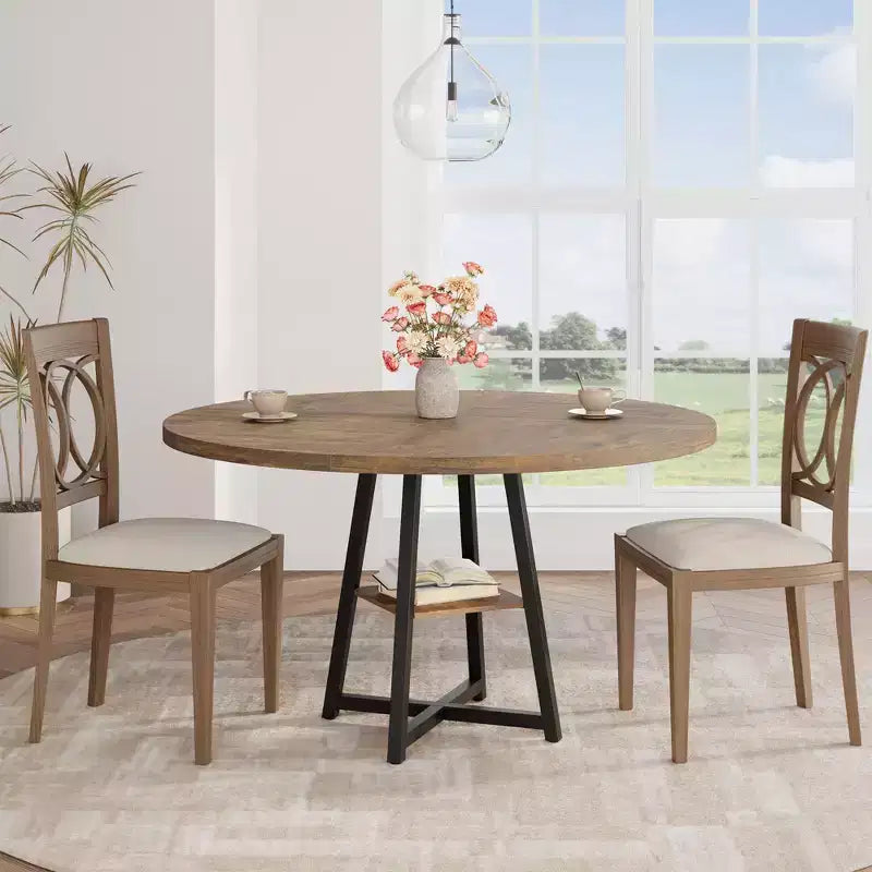 Table à manger ronde de 47" pour 4 à 6 personnes - Piètement central en métal avec rangement - Table de cuisine et de salle à manger industrielle peu encombrante