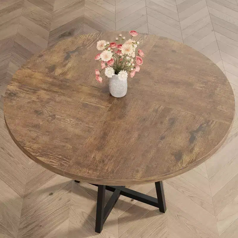 Table à manger ronde de 47" pour 4 à 6 personnes - Piètement central en métal avec rangement - Table de cuisine et de salle à manger industrielle peu encombrante