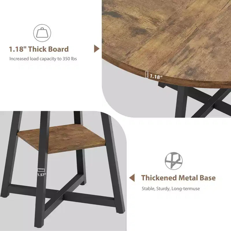 Table à manger ronde de 47" pour 4 à 6 personnes - Piètement central en métal avec rangement - Table de cuisine et de salle à manger industrielle peu encombrante