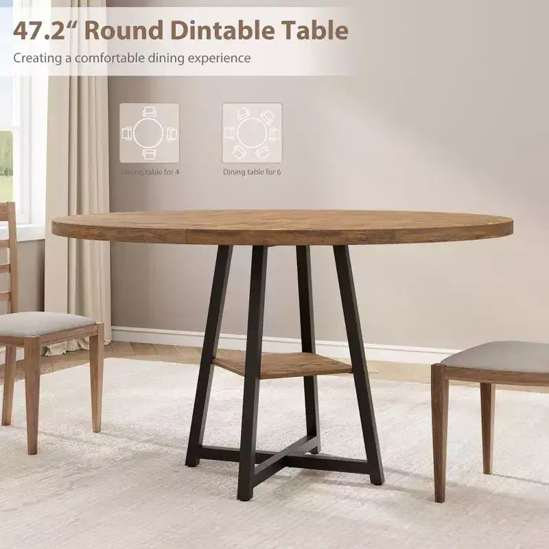 Table à manger ronde de 47" pour 4 à 6 personnes - Piètement central en métal avec rangement - Table de cuisine et de salle à manger industrielle peu encombrante