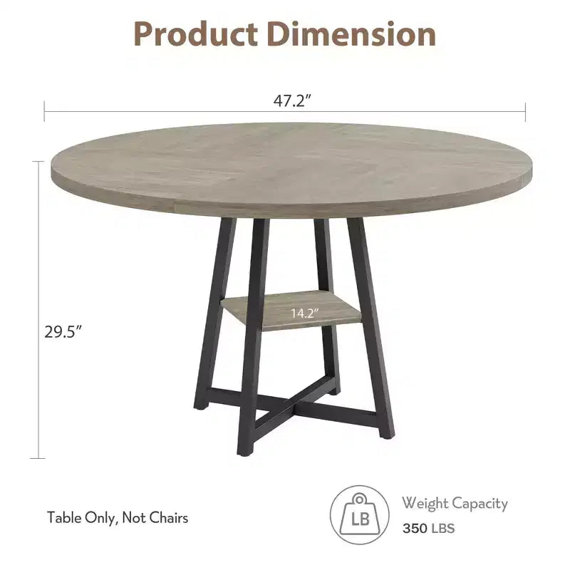 Table à manger ronde de 47" pour 4 à 6 personnes - Piètement central en métal avec rangement - Table de cuisine et de salle à manger industrielle peu encombrante