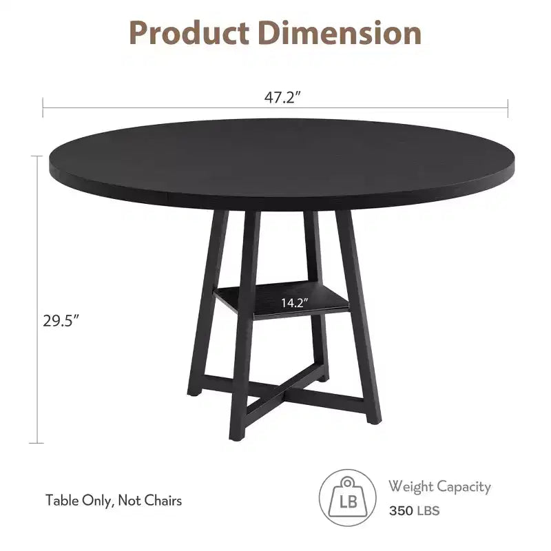 Table à manger ronde de 47" pour 4 à 6 personnes - Piètement central en métal avec rangement - Table de cuisine et de salle à manger industrielle peu encombrante