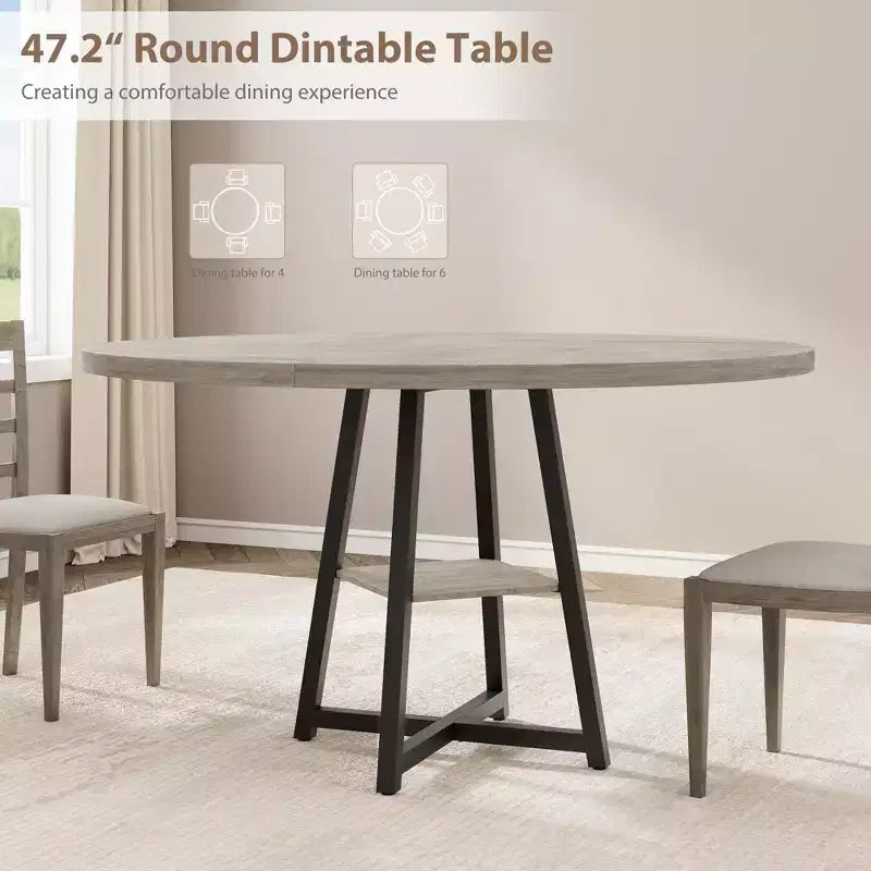 Table à manger ronde de 47" pour 4 à 6 personnes - Piètement central en métal avec rangement - Table de cuisine et de salle à manger industrielle peu encombrante