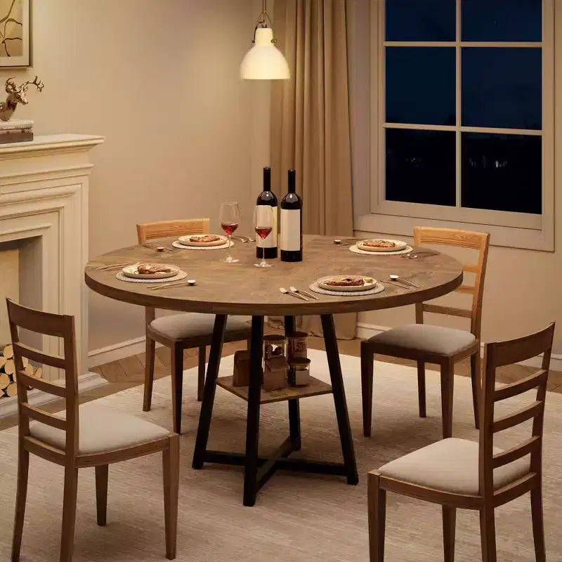 Table à manger ronde de 47" pour 4 à 6 personnes - Piètement central en métal avec rangement - Table de cuisine et de salle à manger industrielle peu encombrante