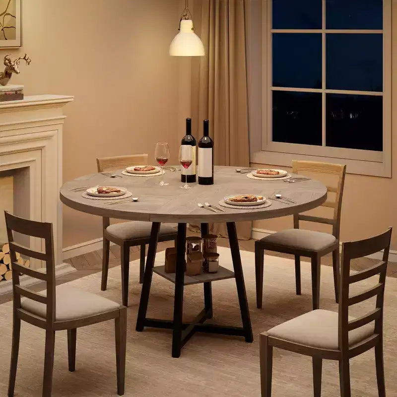 Table à manger ronde de 47" pour 4 à 6 personnes - Piètement central en métal avec rangement - Table de cuisine et de salle à manger industrielle peu encombrante