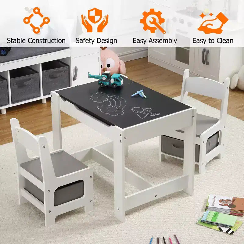 Ensemble table et chaises pour enfants, Table d'activités 3 en 1 avec plateau amovible, tableau noir, ensemble de meubles 3 pièces pour tout-petits pour l'art et l'artisanat