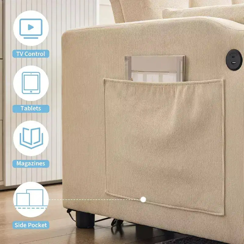 Canapé-lit convertible, Causeuse-lit en velours côtelé avec lit gigogne, Dossier réglable et poches latérales, Canapé rembourré moderne pour bureau à domicile