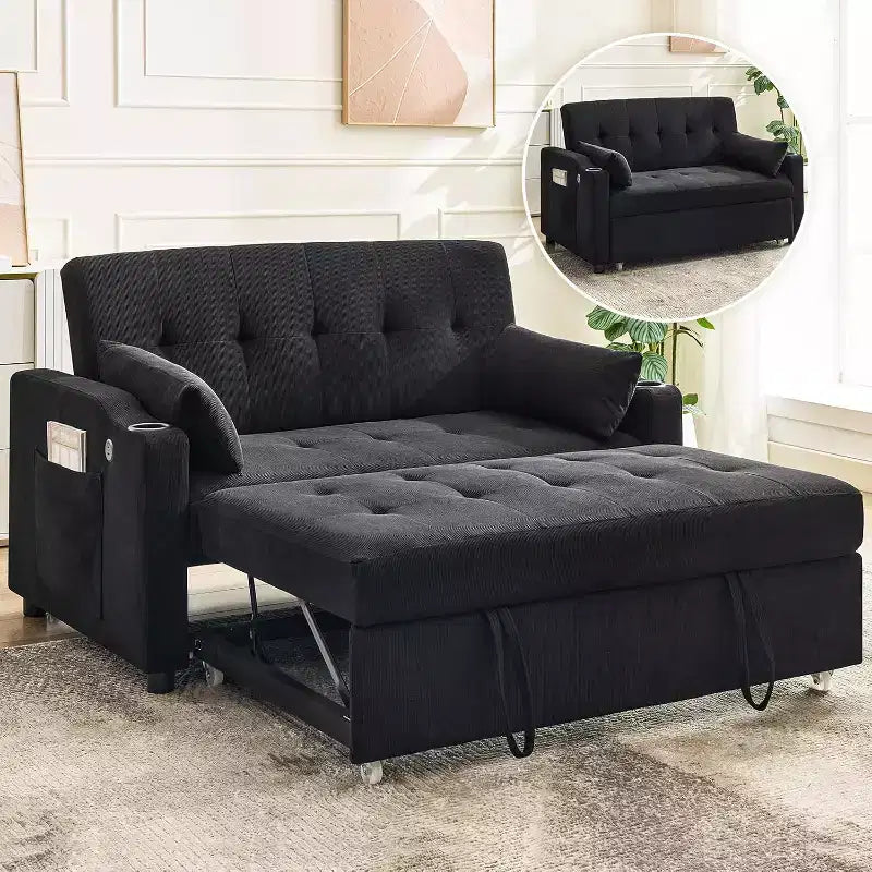 Canapé-lit convertible, Causeuse-lit en velours côtelé avec lit gigogne, Dossier réglable et poches latérales, Canapé rembourré moderne pour bureau à domicile