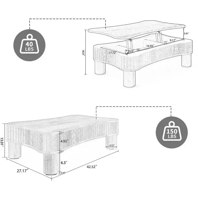 Table basse lisse relevable avec rangement caché, table basse cannelée pour salon, table basse en bois, capacité de 18 kg (relevée)/68 kg