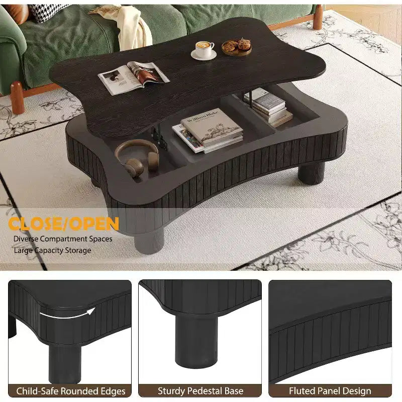 Table basse lisse relevable avec rangement caché, table basse cannelée pour salon, table basse en bois, capacité de 18 kg (relevée)/68 kg