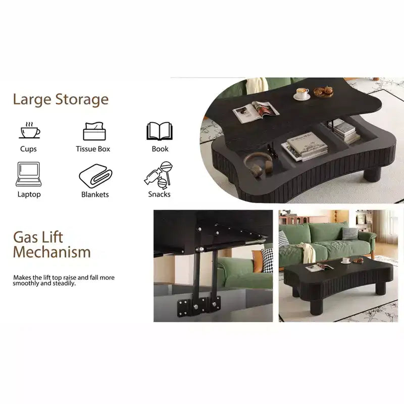Table basse lisse relevable avec rangement caché, table basse cannelée pour salon, table basse en bois, capacité de 18 kg (relevée)/68 kg