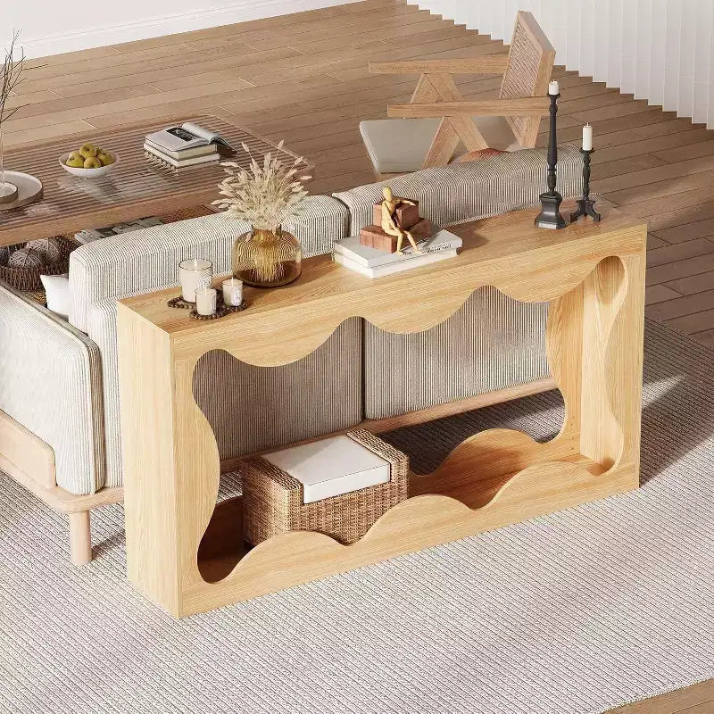 Console de Ferme, Table Basse de Canapé Mince Festonnée Naturelle avec Étagère de Rangement pour Entrée ou Salon