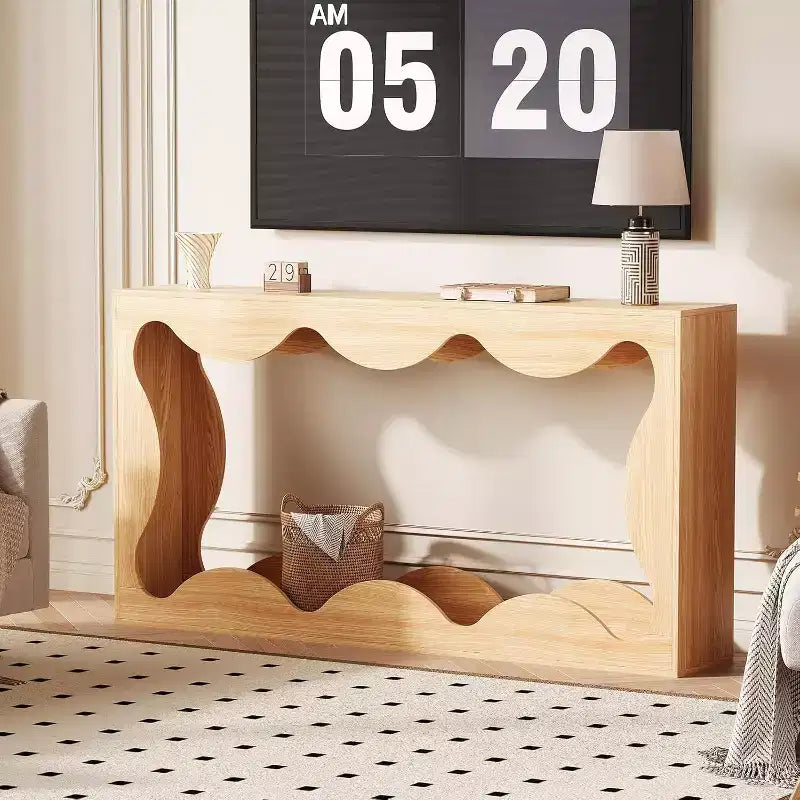 Console de Ferme, Table Basse de Canapé Mince Festonnée Naturelle avec Étagère de Rangement pour Entrée ou Salon